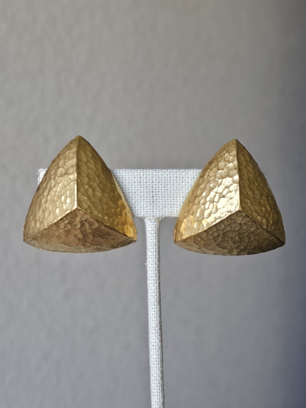 Vintage Givenchy Hammered Gold Tone Triangle Dome Clipon Earrings 1980s